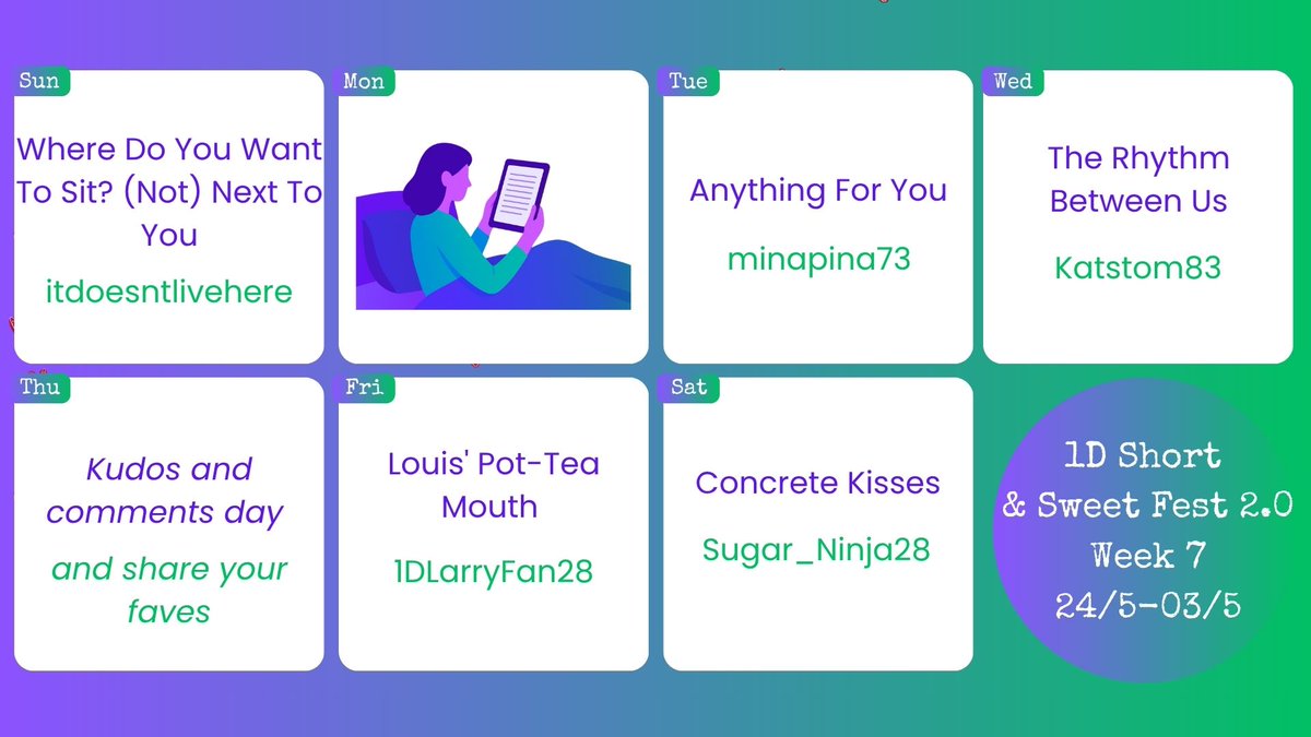 1dsasfest's tweet photo. Thank you for the people who have joined us over the past week, don't forget to check out the first edition of SaSFest too!

We have come to the final week of 2.0 😢

This week's Sassie fics come to us from
@nothtsjustlarry 
@minapina73 
@KStomska 
@1D_LarryFan28 
@SugarNinja28 https://t.co/YUsvNs3taS