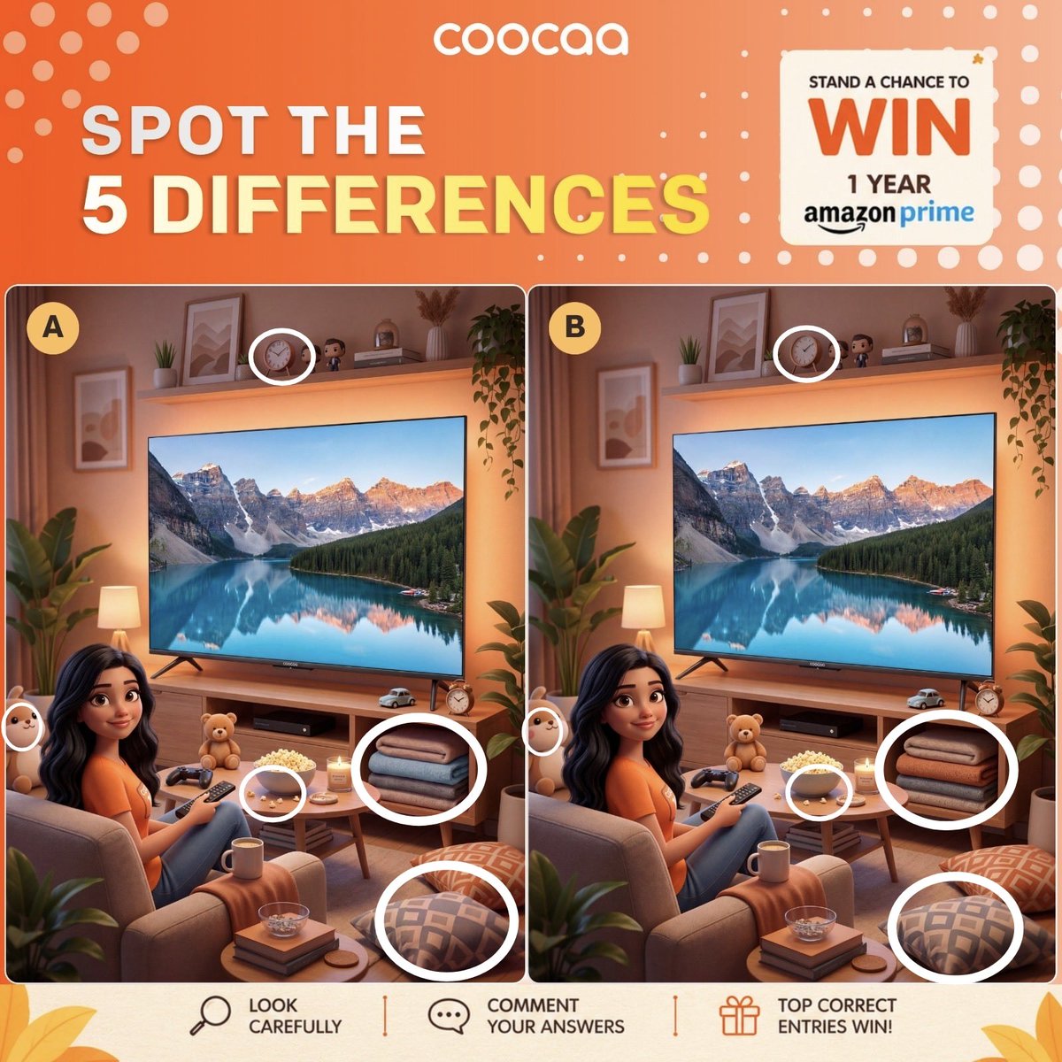 Next_ritesh's tweet photo. @CoocaaIndia 1) Extra Popcorn fell out of the bowl
2) Pillow blue pattern
3) Folded bedsheet colour under Tv compartment
4) The Teddy bear on the sofa doesn't have red blushing cheeks
5) Clock time is wrong above the Tv cabinet
#coocaa #MiniLED #SpotTheDifference #GameOn #WeekendChallenge https://t.co/VzmpeSQHQv