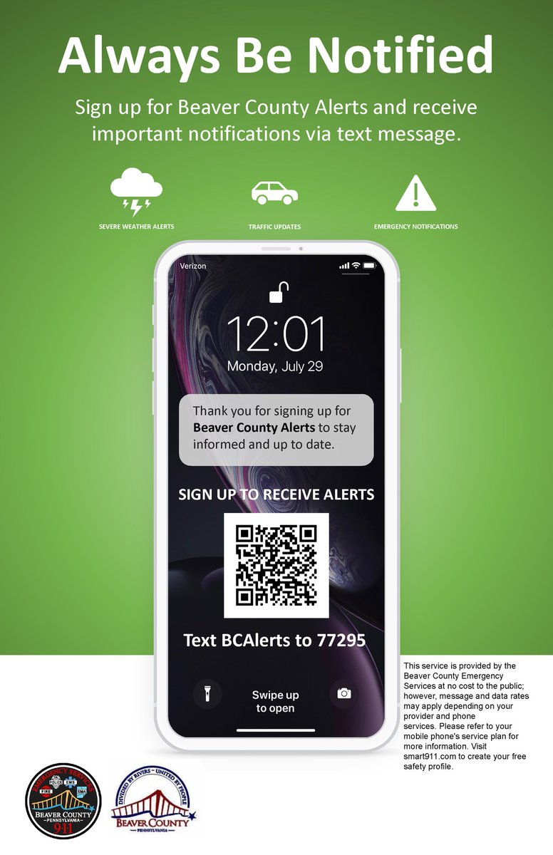 BrightonTwp's tweet photo. This service is provided by the Beaver County Emergency Services at no cost to the public; however, message and data rates may apply depending on your provider and phone services. Please refer to your mobile phone’s service plan for more information. Visit https://t.co/1PoLRrVFHG to create your free safety profile.
