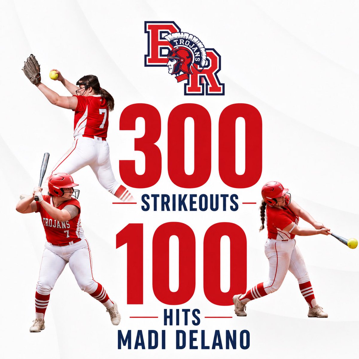 BR_softball's tweet photo. A HUGE congratulations to Madi Delano @MadiDelano27 for reaching 300 varsity strike outs and 100 varsity hits! https://t.co/eGIbYmaUeH