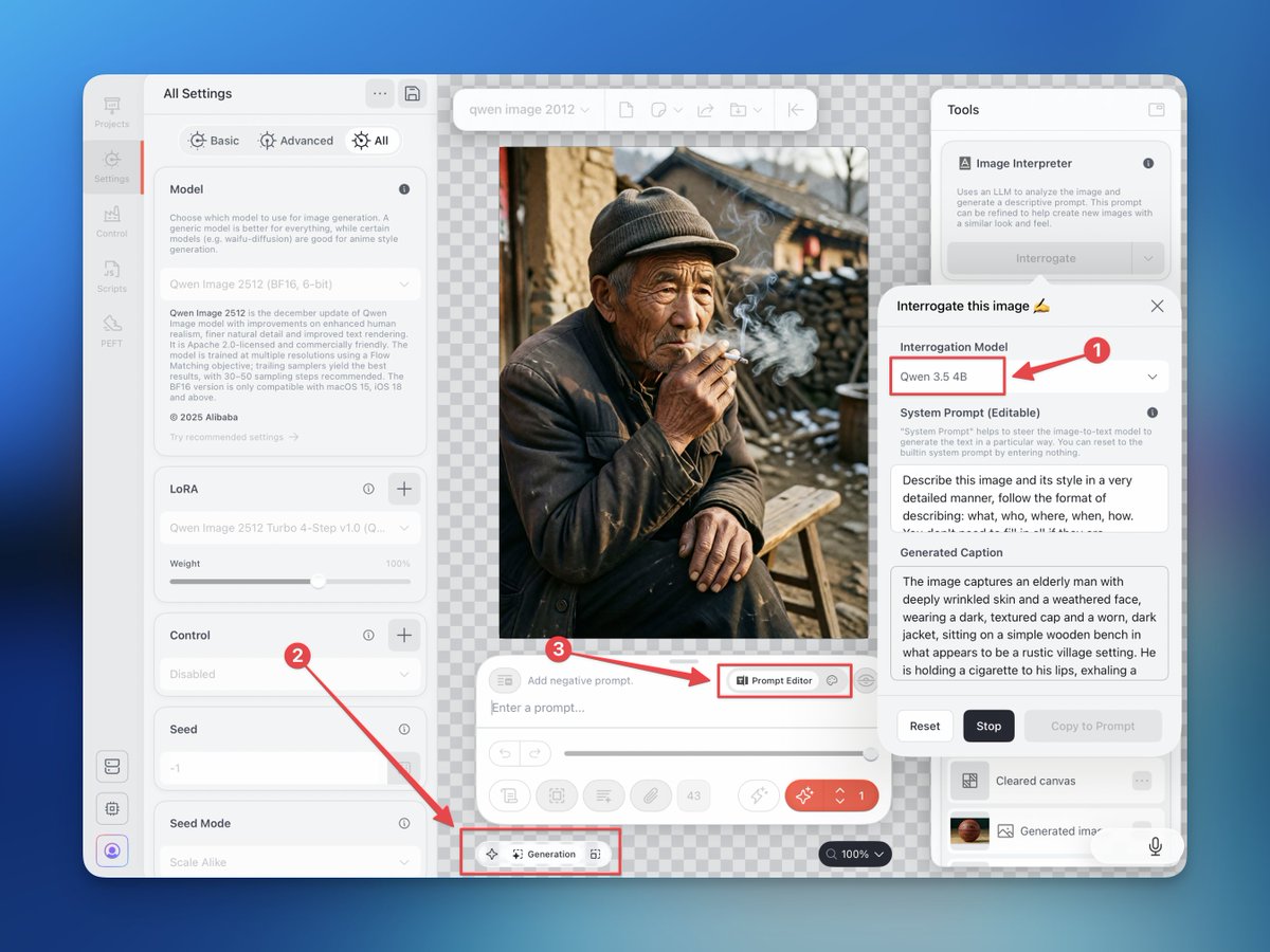 drawthingsapp's tweet photo. 🚨 Draw Things now has a lightweight Local LLM built in!
📲 Go update to the latest Draw Things v1.20260518.2 on the iOS / macOS App Store now! 

This version brings:
🔹Add Qwen 3.5 4B as a new interrogator model.
🔹Add dedicated mode seletor "Auto" / "Generation" / "Edit".
🔹Support "Sign in with Google" for Free tier / Draw Things+.
🔹Some other very small beginner friendly visual updates.