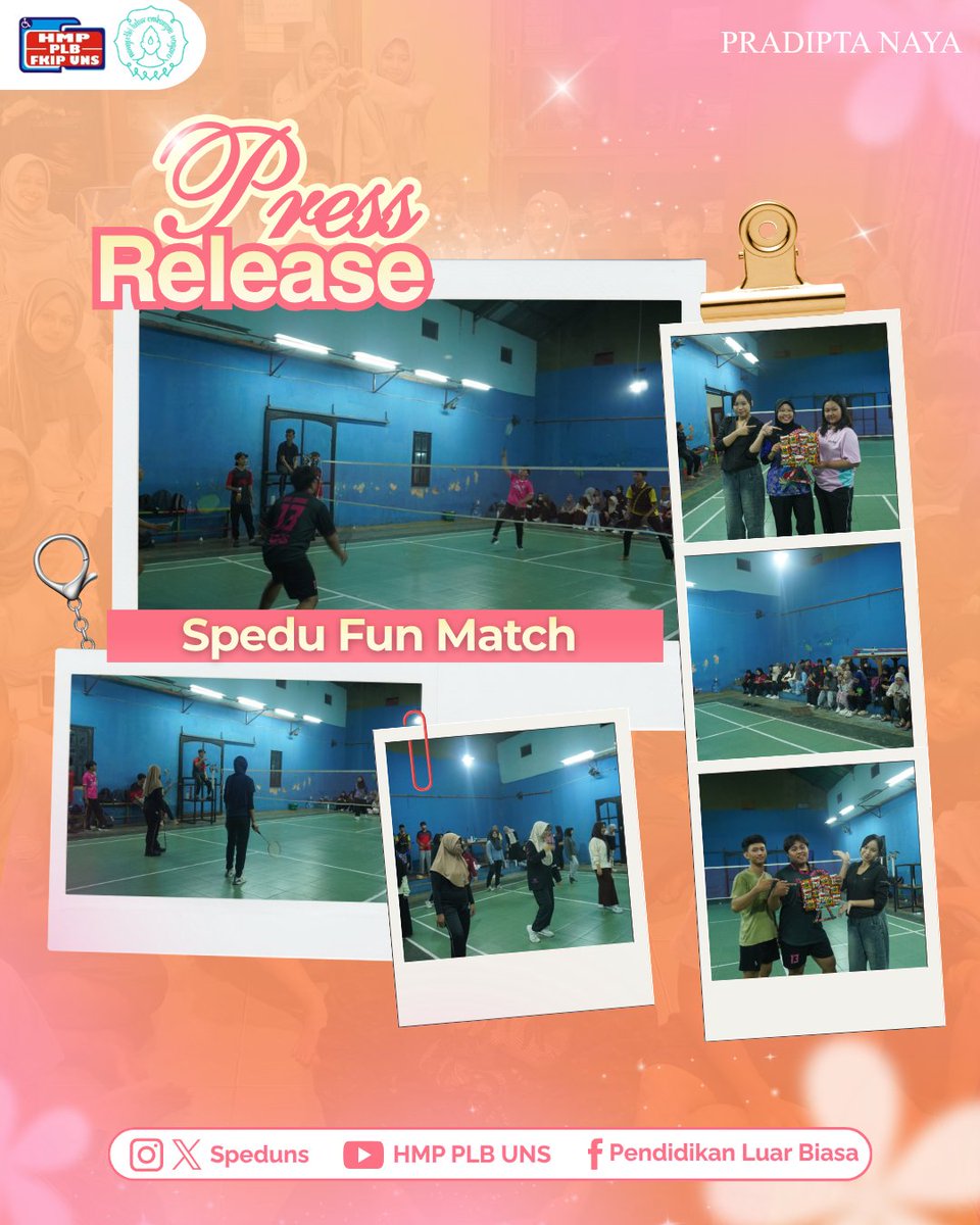 SpeduUNS's tweet photo. Pada hari Minggu, 17 Mei 2026, HMP PLB FKIP UNS telah sukses menyelenggarakan Fun Match di Gedung Serbaguna Pucangsawit. Kegiatan ini diikuti oleh anggota HMP PLB FKIP UNS angkatan 2024-2025 dan berlangsung dalam suasana penuh semangat serta kebersamaan 🏸🏅 https://t.co/lK7k04anKM