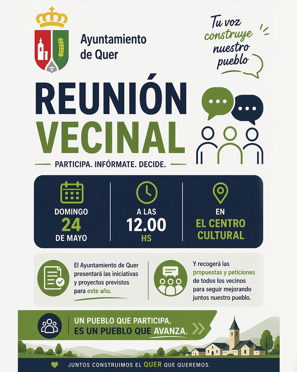 aytoquer's tweet photo. 🗣️ Hoy, reunión vecinal en Quer.
El Ayuntamiento anima a todos los vecinos y vecinas a participar y compartir propuestas, ideas y sugerencias para seguir mejorando nuestro pueblo 🤝💚🕛 12:00 h
📍 Centro Cultural#Quer #ParticipaciónCiudadana https://t.co/nldIAb1mmm