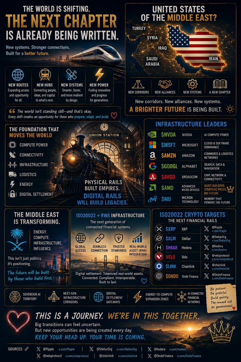 MoonshotKaboom's tweet photo. The next industrial era won’t be won by noise. 🌍

It’ll be built by nations and companies laying down the new rails of:
⚡ compute
🌐 digital settlement
🏗 infrastructure
🛰 connectivity
🔋 energy
💻 advanced silicon

While the crowd debates headlines, the real transformation keeps accelerating underneath the surface.

Our infrastructure leaders remain the “Union Stations” of the digital era:

$NVDA Nvidia
$MSFT Microsoft
$AMZN Amazon
$GOOGL Alphabet
$AVGO Broadcom
$AMD Advanced Micro Devices 👀
$MU Micron Technology

At the same time, the ISO20022 ecosystem continues positioning for the next phase of global financial interoperability:

$XRP Ripple
$XLM Stellar
$HBAR Hedera
$VELO Velo
$LINK Chainlink
$ONDO Ondo Finance

Forecasted long-cycle digital rail targets remain focused on:
• cross-border settlement
• tokenized real-world assets
• sovereign liquidity systems
• compliant stablecoin infrastructure
• AI-connected financial networks

The Middle East is rapidly evolving into:
• sovereign AI territory
• next-gen infrastructure corridors
• digital settlement gateways
• energy-to-compute expansion zones

The future may not run on oil alone anymore.

It may run on:
compute,
infrastructure,
AI,
and digital rails. 👁️

Source:
https://t.co/tS77n7kJLM