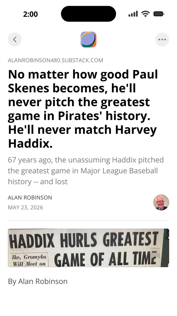 AlanRobinson480's tweet photo. No matter how good Paul Skenes becomes, he'll never pitch the greatest game in Pittsburgh Pirates history. Why? Because Harvey Haddix did 67 years ago this week, and his performance will never be matched. Read about it (for free) on my Substack account. #Pirates @Pirates @MLB #MLB #HarveyHaddix #perfectgame
https://t.co/SCDcFHIk1S