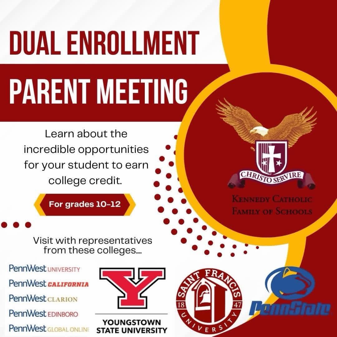 KCPrideWatcher's tweet photo. Kennedy Catholic families with students in grades 9-11: Join us Tues., May 26 at 6pm in the KCHS lunchroom to learn about our On Campus Dual Enrollment Program! Meet reps from PennWest, YSU, Saint Francis, Penn State, the eCenter @ LindenPoint &amp; more! #TheKennedyDifference https://t.co/qK7PxK0ycw
