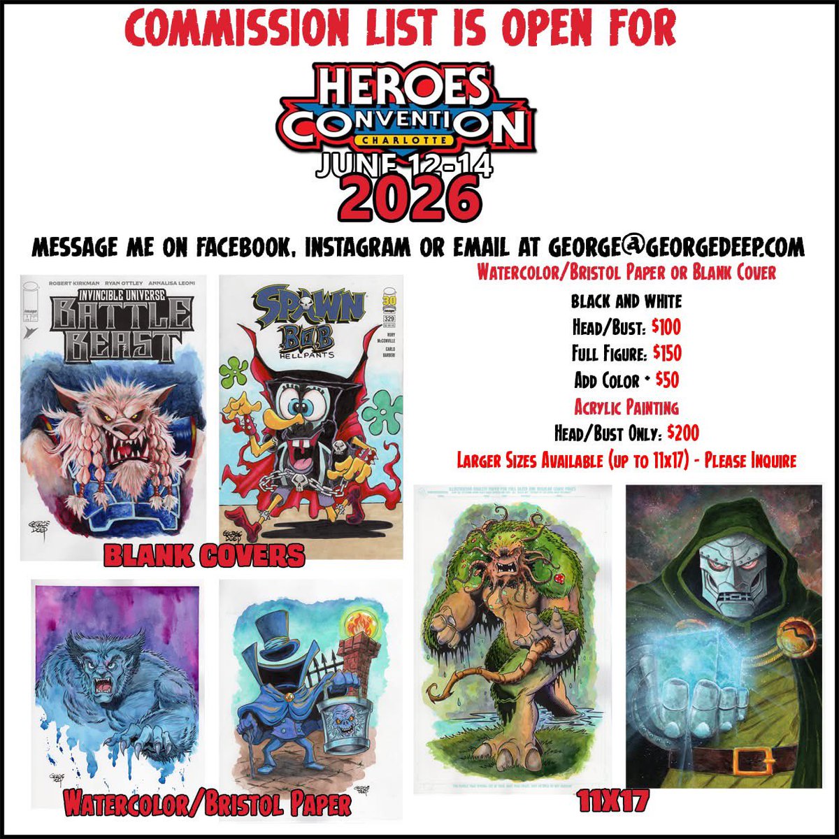 GeorgeDeep3DX's tweet photo. Pre-show commission list is open for HeroesCon 2026 @heroesonline ! I will also be taking commissions at the show as well. Limited spots are available for pre-show so please contact asap! Thanks! 
#heroescon2026 #commissionsopen #commissions #comiccon #comicart #comicpainting https://t.co/XVAiYaTOjp