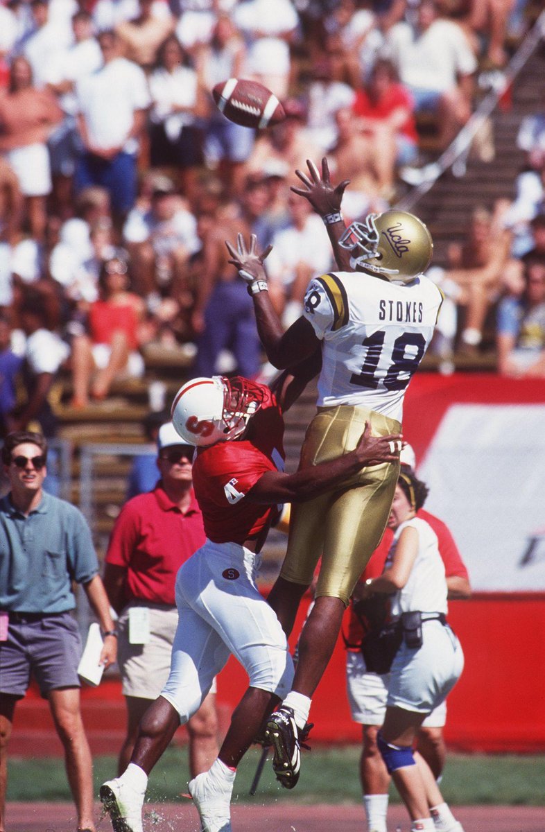 CFB_Throwbacks's tweet photo. J.J. Stokes
UCLA (1991–1994)
📍 Point Loma High School (CA)

Before making plays on Sundays, Jerel Jamal "J.J." Stokes was one of the most dominant receivers throughout the 1990s.

At 6-foot-4, Stokes combined size, body control, and downfield explosiveness to become one of the premier targets in the Pac-10 during the Terry Donahue era at UCLA.

📊 154 career receptions
📊 2,469 career receiving yards
📊 28 career receiving touchdowns (UCLA record)

A matchup nightmare.

* Won Pac-10 Offensive Player of the Year in 1993
* Finished 7th in Heisman Trophy voting in 1993
* Set a UCLA single-season record with 17 touchdown catches in 1993
* Recorded 14 catches for 176 yards in the 1994 Rose Bowl
* Set the UCLA single-game record with 263 receiving yards against USC in 1992
* Holds the longest touchdown reception in UCLA history, a 95-yard touchdown against Washington in 1992

🏆 Consensus All-American (1993)
🏆 Pac-10 Offensive Player of the Year
🏆 UCLA Athletics Hall of Fame

➡️ Selected 10th overall in the 1995 NFL Draft by the San Francisco 49ers, later spending 9 seasons in the NFL with the 49ers, Jaguars, and Patriots while totaling over 4,000 receiving yards and winning a Super Bowl with New England.

Still one of the most talented receivers from that era of Pac-10 football.

Who are some other old-school Pac-10 receivers you remember watching? ⬇️

#collegefootball #CFB #football #UCLA #Bruins #Pac10 #widereceiver #WR #footballhistory #RoseBowl #NFL #49ers #throwback #CollegeFootballThrowbacks