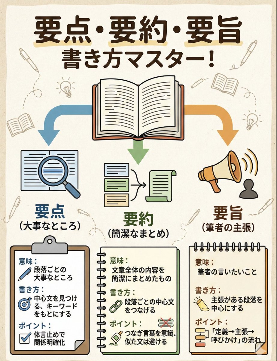 jugyo_ikemi's tweet photo. ✅国語授業をする上で、必ず知っておきたい「要点・要約・要旨の違い」
・要点→形式段落の内容を簡潔にまとめたもの
・要約→文章全体の内容を簡潔にまとめたもの
・要旨→筆者の伝えたいことを簡潔にまとめたもの

それぞれの書き方とそのポイントについては図解にある通りです👇 https://t.co/J2HfgeX679