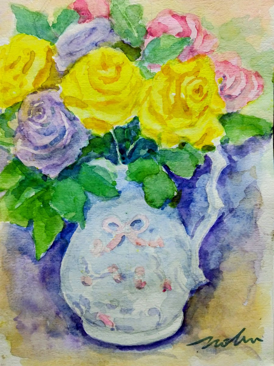 花瓶への花の集い サークルの活動で描きました。水彩画 F4