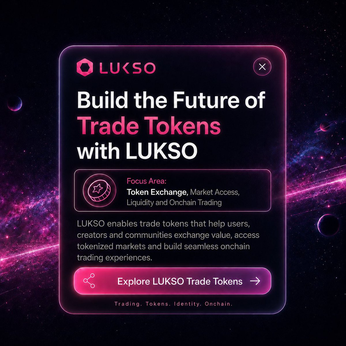 theeygn's tweet photo. • Trade Tokens
In the LUKSO ecosystem, token trading can become an important layer for access, liquidity and onchain value transfer.
Creators, communities and users can build new token-based economies.
#LUKSO #TradeTokens #TokenEconomy #Onchain https://t.co/pLCt9meucQ