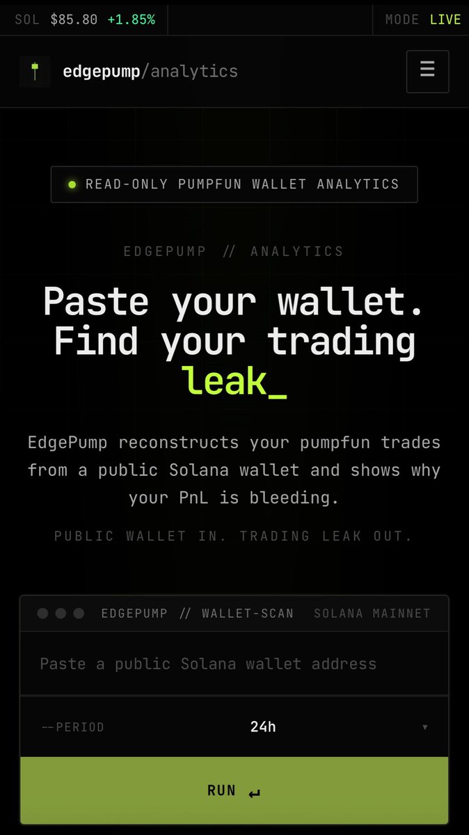 edgepumpsol's tweet photo. "What's the next 10x?" is the wrong question.

The right question: why does your pumpfun wallet keep finding the 5x and 7x and still end up red?

The answer is on the wallet, not in the picks. https://t.co/AImusXOM5s