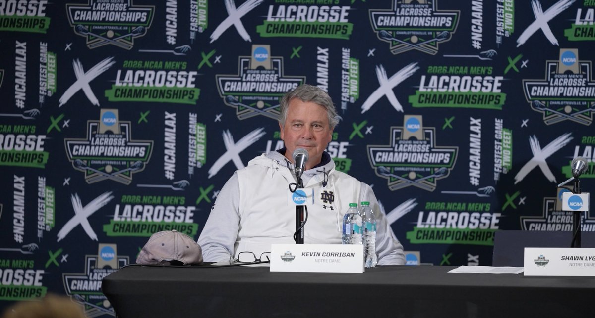 TomZwiller's tweet photo. Head coach Kevin Corrigan was asked if he's thought about the chance to lay claim to a dynasty should @NDlacrosse win its third title in four seasons. 

His one-word answer? It's what you'd expect. 

"No." https://t.co/U0XoeqmIZ9