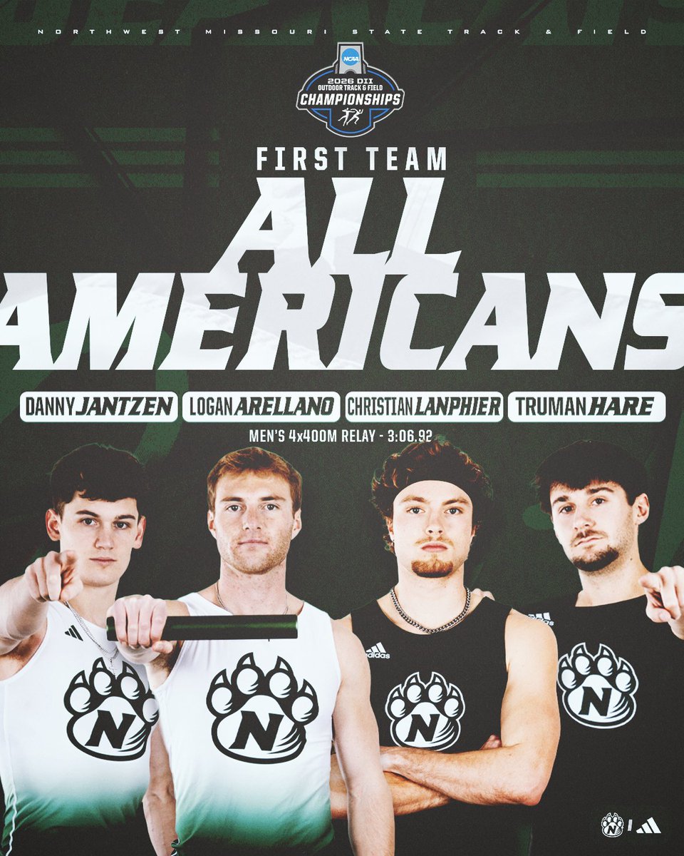 NWBearcatXCTF's tweet photo. 𝙁𝙄𝙍𝙎𝙏 𝙏𝙀𝘼𝙈 𝘼𝙇𝙇-𝘼𝙈𝙀𝙍𝙄𝘾𝘼𝙉𝙎 🇺🇸🚨 

4x400m (M) ||| @NCAADII Outdoor Championships 
5th: Northwest (Danny Jantzen, Logan Arellano, Christian Lanphier, Truman Hare) - 3:06.92

#OABAAB ||| #OneTeamOneDream https://t.co/jNs7T8i7H7
