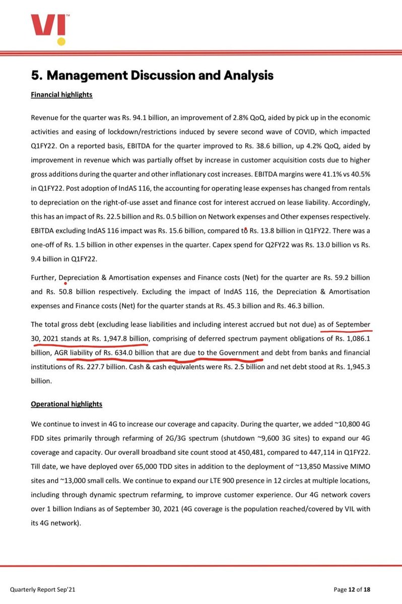 ArunHebbar7's tweet photo. Brother, now there is no question about whether there will be any reduction in shares, because #vodafoneidea has already concluded the AGR issue and recognized a one-time gain of Rs.57,491 crore, which includes all the benefits (Cash benefits+Time value benefits).

My view is different :- 

➤ As disclosed in the financial statements of Vodafone Idea Limited as of 30 September 2021, the outstanding AGR liability stood at Rs.63,400 crore.

➤ As of 31 Dec 2025, Post reassessment, the DOT communicated to VI that the AGR amount is Rs.64,046 crore.

➤ The differential amount of Rs.646 crore will be paid by the company over the next 4 years in installments, as explained in the financial notes.

My question is this: during the last 4.3 years (including the 4 year moratorium period), the company recognised AGR interest expenses every quarter and considered the same while calculating cash flows under Finance Cost. 

If we apply a simple interest calculation at 8% p.a. on Rs.63,400 crore, the quarterly interest works out to approximately Rs.1,268 crore.

Rs.1,268 crore × 13 quarters = nearly Rs.16,484 crore of interest has effectively been reversed by now.

My question is :- Where has Vodafone Idea actually utilised this de-recognised AGR interest (Rs.16,484 crore). 

Accordingly, in the case of Spectrum dues, Vodafone Idea converted Rs.36,950 crore due amount into equity as of 31 March 2025. The corresponding liability amount has also been de-recognised.

My question is :- Where has this de-recognised amount actually gone?