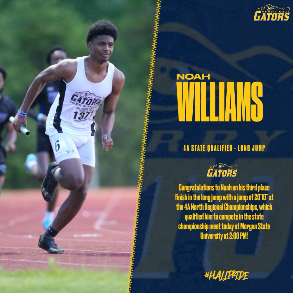 PerryHallXCTF's tweet photo. Congratulations to Noah on competing in the state championship meet today at Morgan State University at 2:00 PM after jumping 20'10" to qualify!  Tickets: https://t.co/Xh6IhRw6r3
Live results: https://t.co/zCuGadeWbG
#hallpride https://t.co/rLUrZPkNo0