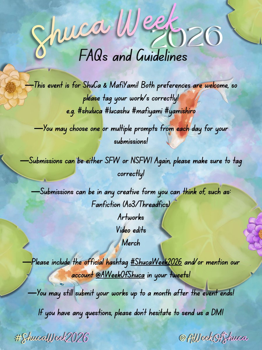 AWeekOfShuca's tweet photo. 👟 Shuca Week 2026 FAQs and Guidelines 🦁

If you have any questions, please don't hesitate to send us a DM or reply below! 🌷

#ShucaWeek2026 #shuca #mafiyami #shuluca #yamishiro #lucashu https://t.co/FrS33fMX8o