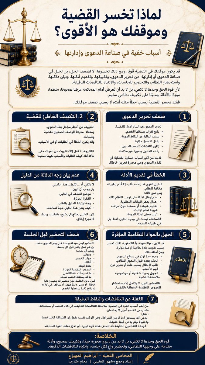 mashhour_law's tweet photo. سؤال يختصر كثيرًا من أخطاء التقاضي:

لماذا قد تخسر القضية، مع أن موقفك هو الأقوى؟

الجواب في الصورة المختصرة:

جزى الله الشيخ المحامي الفقيه إبراهيم المهيزع خير الجزاء؛ يفتح للمحامي والمتدرب أبوابًا من الفهم العملي. 

@almuhaize_law https://t.co/ld9ypwKlF3