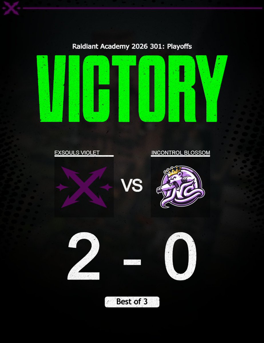 ExsoulsEsports's tweet photo. PLAYOFFS START WITH A WIN. 💜
Exsouls Violet takes down InControl Blossom to kick off our playoff run. One step closer.
#XSRising | #ExsoulsWIN https://t.co/hhoIlv0OV8