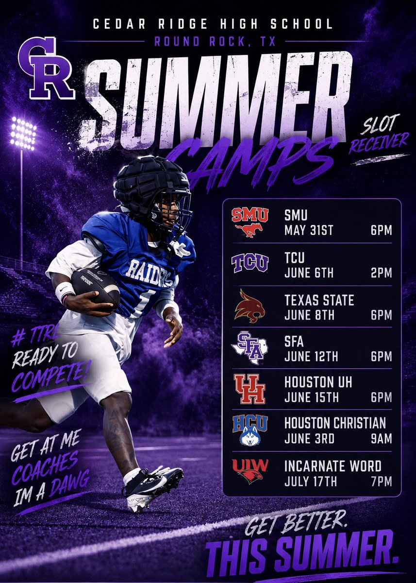D1_TEE81's tweet photo. I’m ready to work, compete, and prove why I’m one of the most explosive Slot WRs in the Class of 2027. get better and show coaches what I bring to the field. thank you to all the coaches that came to meet me and inviting me out this spring! let’s work
#TTRL #SHOWOUT
📍 Cedar Ridge HS (TX)
📚3.2 GPA
⚡️ Slot Receiver
🎯 Coaches come get a look and tap in with me 📲📲. (SMU/TCU mega camps)
@CoachMLeonard @CoachVardeman
@CoachZachAlbert @Coach_KK21 @coachoslovar @btex0127 @CoachAshford28
@CoachM_Duncan @RRCRFootball
@var_austin @HCUCoachBachtel
@Coach_Hinshaw @CoachAWin_
@CoachFujiwara @CoachDrewv
@CoachJMay @CoachNikNelson
@CoachMcFadden_ @CoachWEFritz
@Coach_Nagle @CoachShawnBell
@Bell_Brian_ @Coach_Killough
@Adrian__Duncan @Coach_Meyer27 @GJKinne @CoachMart1nez @LDKep @TrustMyEyesO @CoachWillBryant
@CoachTBurns @Rivals @On3 @247recruiting