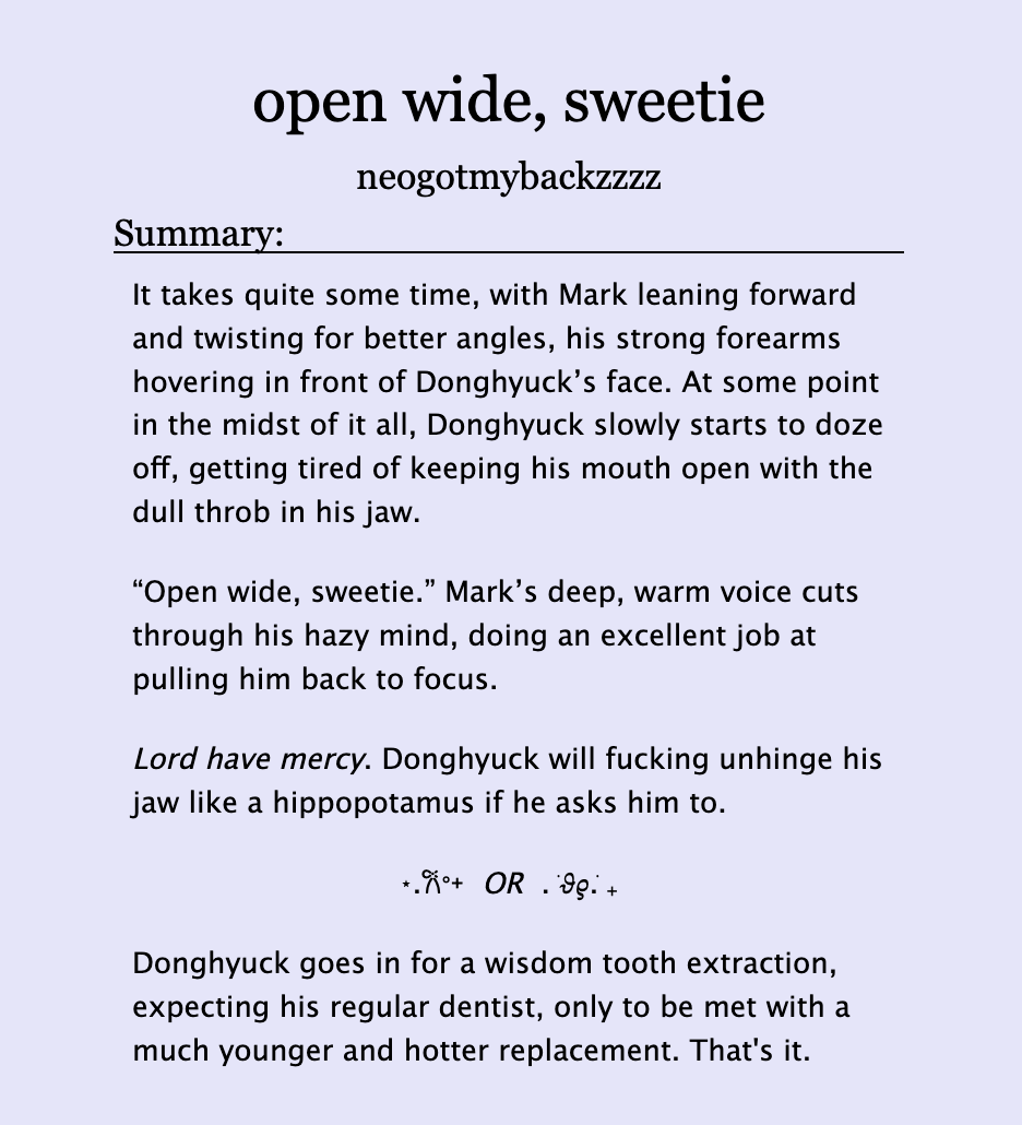 neogotmybackzzz's tweet photo. open wide, sweetie ⋆.🦷. ݁𝜗𝜚. ݁₊
#markhyuck/#mahae fic

⟡ romcom, 4k (oneshot)
⟡ hot dentist! mk
⟡ shy patient! hc
⟡ meet-cute, crushes
⟡ wisdom teeth
⟡ rated T

🔗: https://t.co/OKB5yqf2Y5
(more tags in replies!) https://t.co/76TQXpzc4O