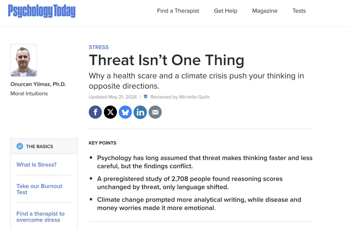 mint_lab's tweet photo. In our new research, we found that “threat” is not a single psychological state. Different threats can activate very different cognitive systems, and some may even increase analytical reasoning rather than suppress it.  

See new @PsychToday piece: 
https://t.co/xlk62c8irX https://t.co/eqmV6f3qRY