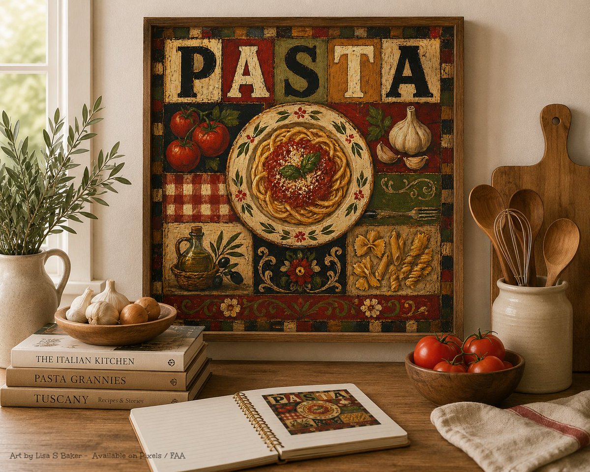 LisaSBaker444's tweet photo. Old-world kitchen charm with a little Italian flavor 🍅🍝✨ Available Here; https://t.co/bfBUQwr639
#Pasta #ItalianKitchen #KitchenDecor #TuscanStyle #FarmhouseDecor #ItalianFood #WallDecor #FoodArt #KitchenInspo #BuyIntoArt https://t.co/awoPHvx9NU