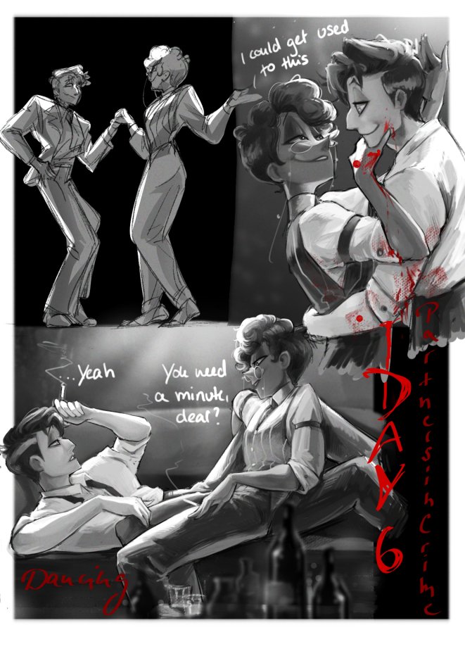 hotchociart's tweet photo. Day 6! Last one from me for the week, gotta work the whole day tomorrow.. Thanks to all the artists and writers who participated it was so amazing to see 😭 (ugly dancing sketch Vincent will haunt me forever so I left him in for your enjoyment)
#murdermediaweek2026 #murdermedia https://t.co/jpuCL8jun5