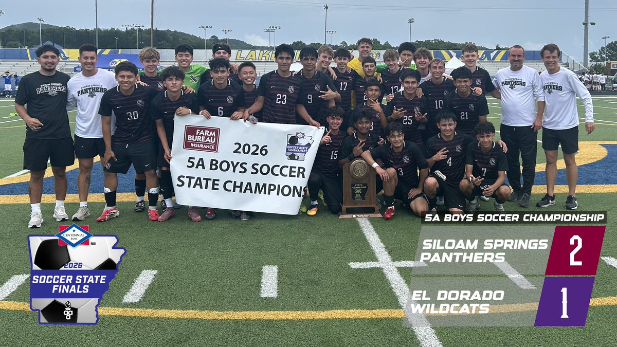 ArkActAssn's tweet photo. Siloam Springs takes down El Dorado 2-1 to take home the 5A boys soccer state championship! https://t.co/mZhHZsT61O