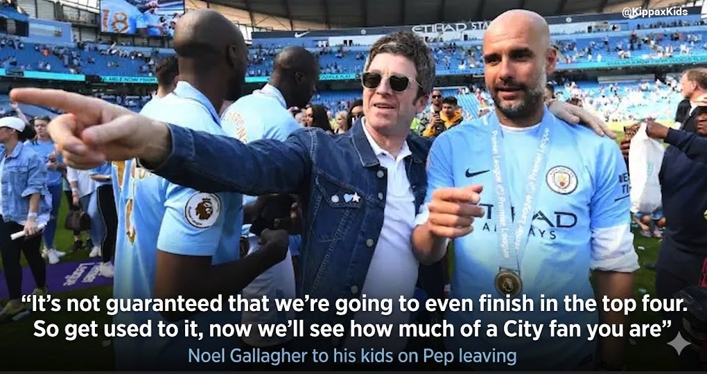 KippaxKids's tweet photo. Noel Gallagher talking to his kids who were sad about Pep's departure in the car coming back from Bournemouth...
"This is character building, this is what being a football supporter is. We are now going to go into a period of where it's not guaranteed that we're going to even finish in the top four. So get used to it, now we'll see how much of a City fan you are."
Spot on.