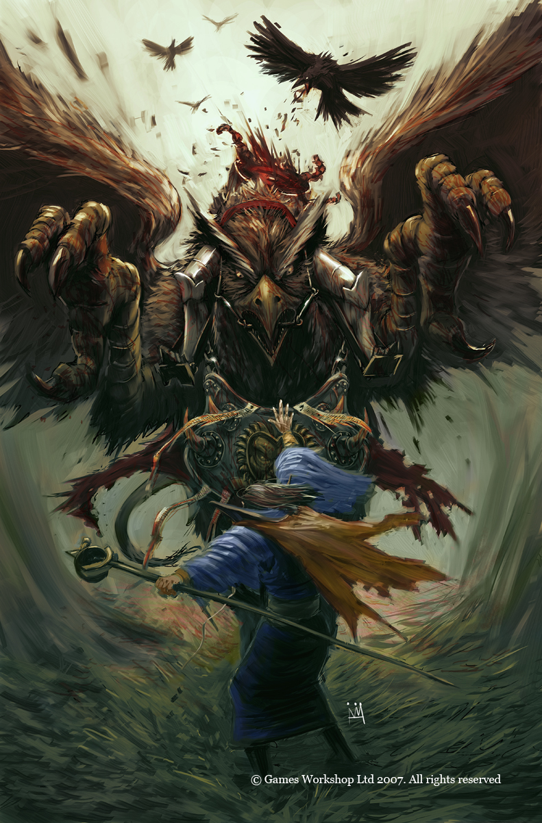 xathrodox86's tweet photo. What would you do in a situation like this? A feral, grief-maddened Griffon is swooping down on an Imperial Celestial Wizard, the remains of his rider still strapped to the saddle...😱

Art from the Warhammer Fantasy comic "Forge of War", which is a very solid read.
#WarhammerArt https://t.co/TsgbxeOcuH