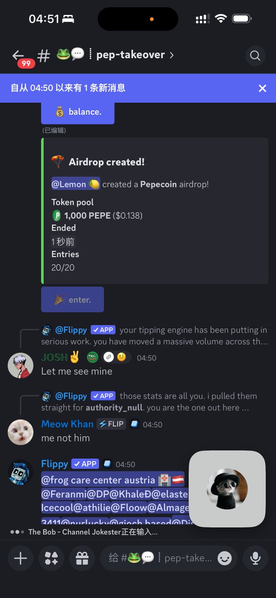 hk_arlo's tweet photo. Fantastic!
The $PEP community's tipping feature has now been restored, and stress testing on the Flippy platform has officially begun. @PepecoinNetwork @flipsuitexyz

Join the Flipsuite Discord server right now to check it out!
#pepecoin #Pep #pepe #flippy #flipsuitexyz https://t.co/LSLolChOUx