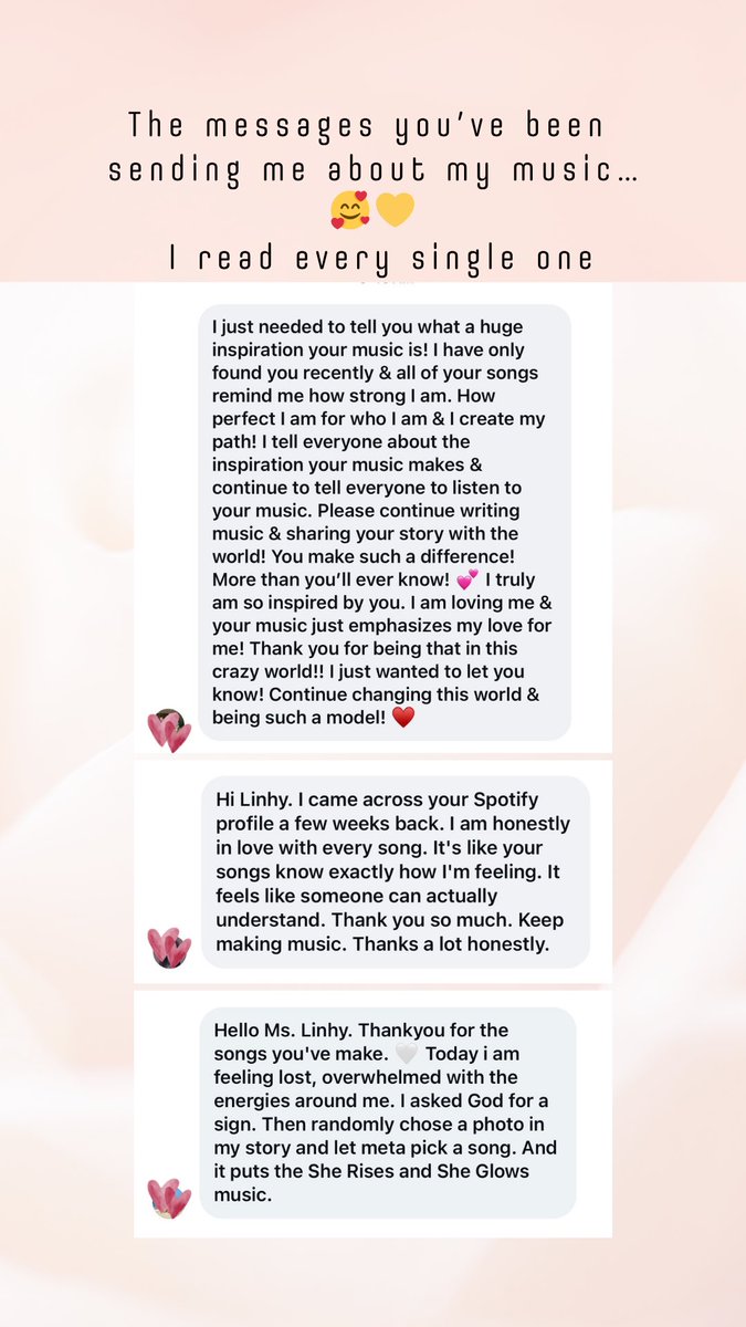 LinhyBanh's tweet photo. The messages you’ve been sending me about my music… 😭💛 I read every single one. If my songs have ever meant something to you, drop a 🎶 below — I’d love to know

#music #linhymusic #linhy #sherisesandsheglows #spotify #YouTubeMusic https://t.co/WlAdu3KNxs