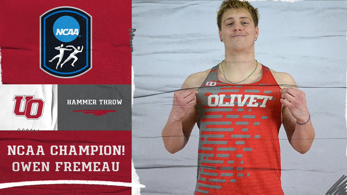 OlivetAthletics's tweet photo. 🚨NCAA CHAMPION🚨 Owen Fremeau wins the hammer throw at the NCAA DIII Outdoor Track &amp; Field Championships with a UOlivet record throw of 209 feet, 5 inches. He joins wrestler Dan Pantaleo as the only NCAA champion in school history. #GoCOMETS https://t.co/7m0xMwUXtW
