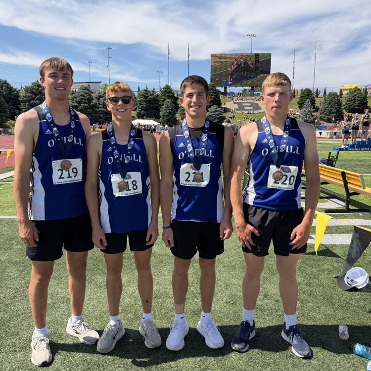 ONeillEagles's tweet photo. The boys team of Colten Shoemaker, Ryker Sudbeck, Maguire Heiss, and Porter Mathews are your Class C 5th place 4x100 relay. https://t.co/oGfTAAE9F0