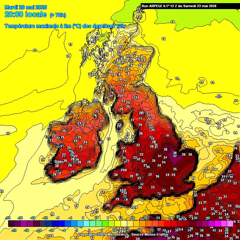 Met4CastUK's tweet photo. The all time May temperature record of 32.8°C will almost certainly fall. 

There’s a 50% chance we’ll see 35°C on Tuesday, beating the previous record by a huge margin. Yet another heat record, yet another unprecedented heatwave. https://t.co/DXrMh9eKO9