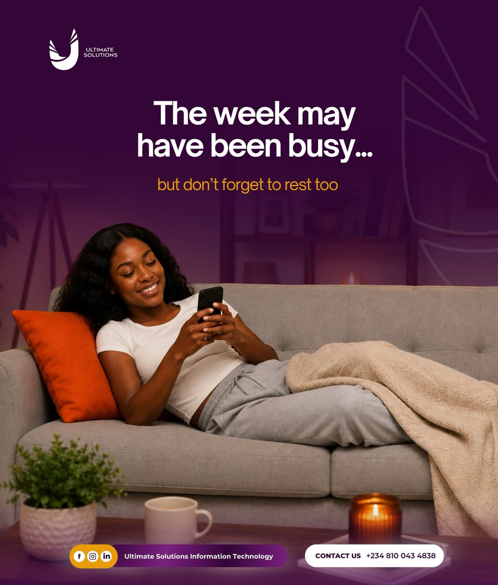 ultimates_ng's tweet photo. The hustle is important, but so is your peace. ✨🧘🏽♂️
After a long, productive week, don’t forget to slow down, recharge, and take care of yourself. Rest is part of the process too. 💜
How are you unwinding this weekend?👇
#WeekendVibes #WorkLifeBalance #UltimateSolutions https://t.co/yx5Z4S0x8R