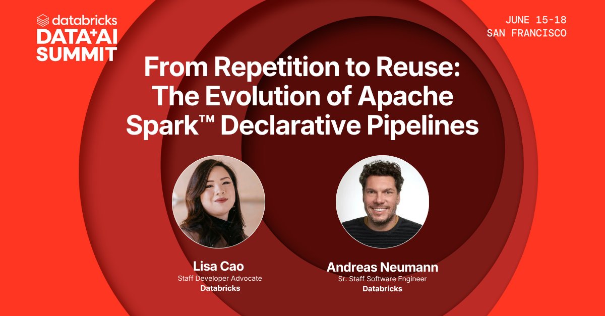 ApacheSpark's tweet photo. #DataAISummit Session Spotlight 👇

Andreas Neumann and @lisancao will cover Spark Declarative Pipelines (4.1). Declare what your pipeline does, and Spark manages execution, parallelization, checkpoints, and failure recovery.

🗓️ June 15–18 | 📍 San Francisco

🔗 Session details: https://t.co/k7aL1owlOW
🎟️ Register: https://t.co/shoIN3p2Gc

#ApacheSpark #DataAISummit