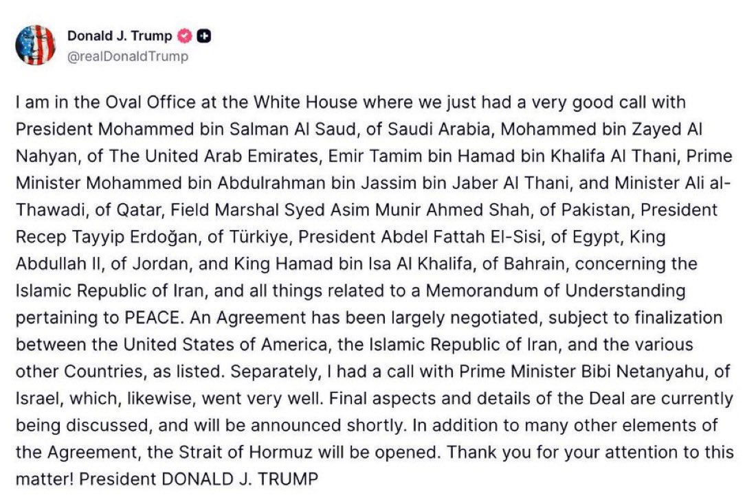 TradeEdgePrime's tweet photo. BREAKING: Trump says deal with Iran has been "largely negotiated" and will be announced shortly https://t.co/Nk1O94Ri8L