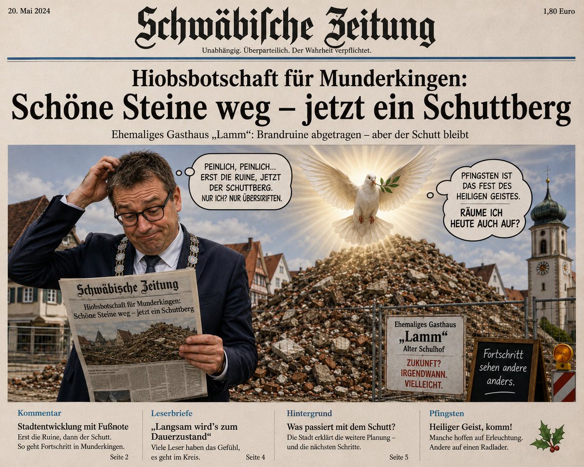 Msgr_Pipitour's tweet photo. Liebe Gemeinde,

An Pfingsten kommt der Heilige Geist. In Munderkingen fragt man sich inzwischen: Bringt er nur Hoffnung – oder auch einen Radlader für den Schuttberg mit. 

Ruine weg – Schutt bleibt.

Fertig ist nicht, wenn die Pressemitteilung geschrieben ist, sondern wenn die Bürger sehen, dass etwas wirklich besser geworden. 

#Munderkingen #Feiertag #CDU #Blamage  #Baustelle  #Pfingsten #Schuttberg #Kommunalpolitik #Bürgermeister #Ulm #Kirche #heiligerGeist #Katholiken #Eilmeldung