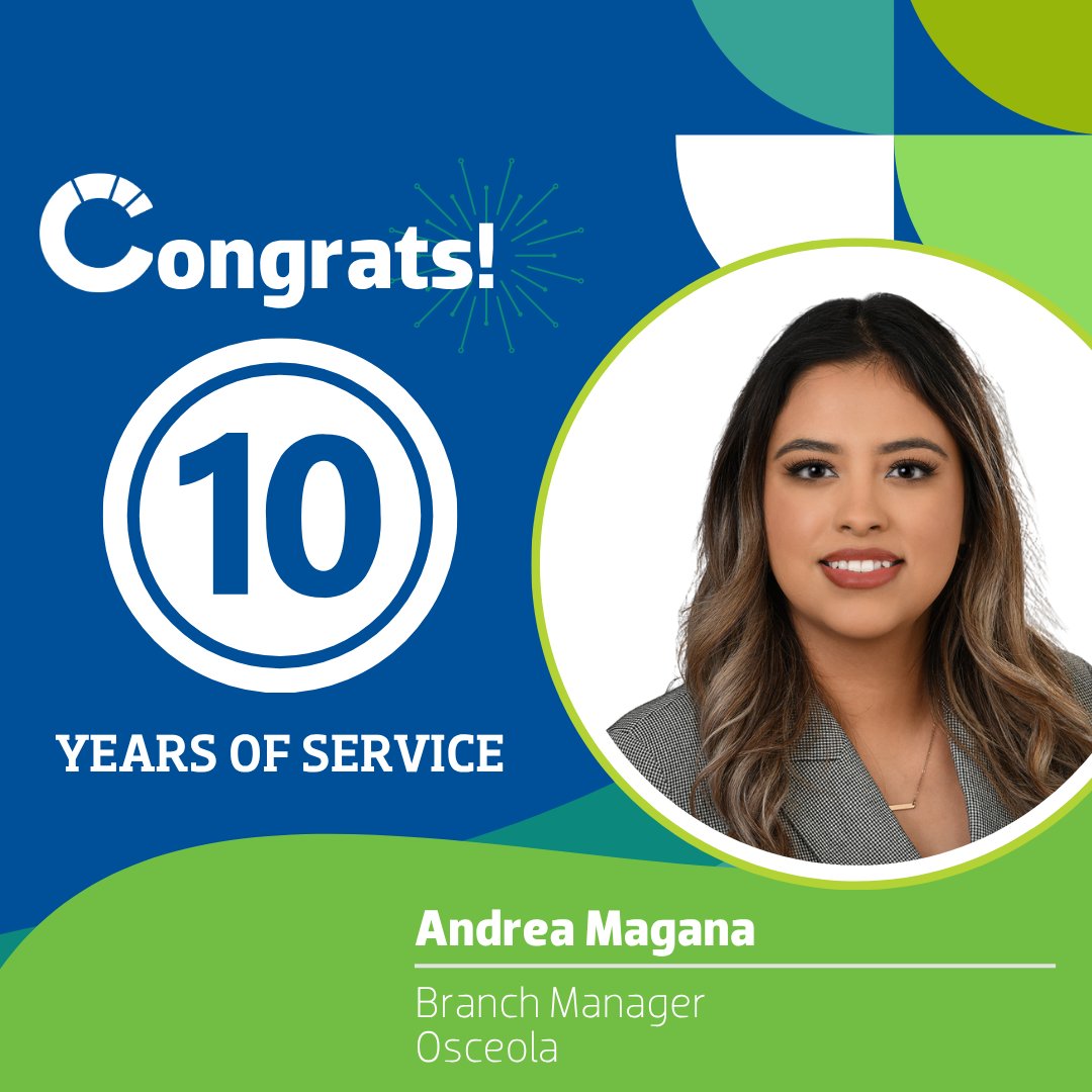 Community1stCU's tweet photo. Congratulations to Andrea Magana on 10 years with C1st! Andrea joined in 2016 and has grown into her role as Branch Manager of our Osceola branch. Thank you, Andrea, for your dedicated service to C1st!💙🎉 https://t.co/BJOkZpFIJH