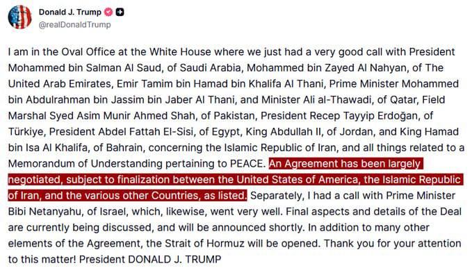 CryptoByte19's tweet photo. 🚨 JUST IN - #Trump says that after a call with relevant leaders "An Agreement has been largely negotiated, subject to finalization," with details of the deal to be "announced shortly. In addition to many other elements of the Agreement, the Strait of Hormuz will be opened." https://t.co/TwMCHxsaqE