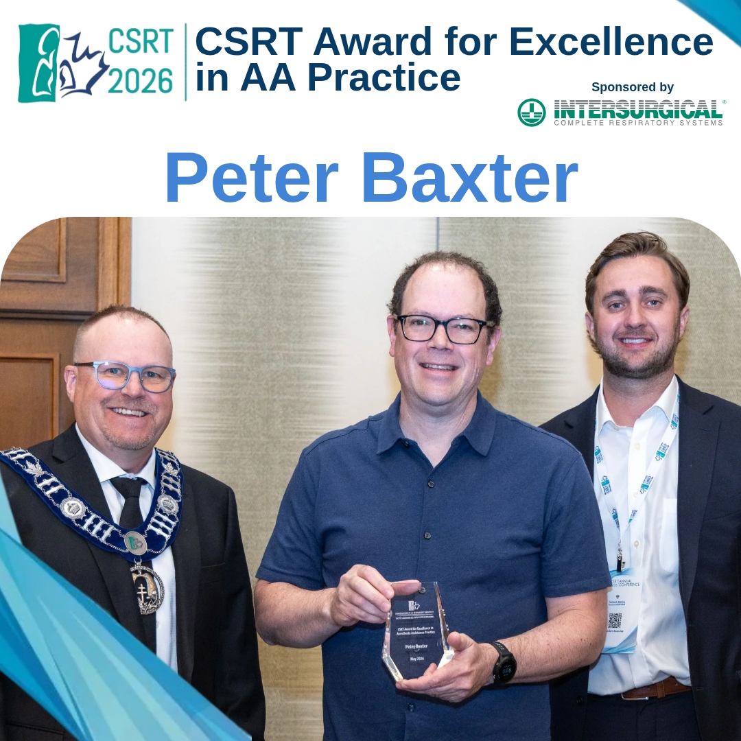 CSRT_tweets's tweet photo. We are pleased to recognize Peter Baxter, winner of the #CSRT2026 Award for Excellence in AA Practice! Proudly sponsored by Intersurgical Complete Respiratory Systems https://t.co/avaAHfEXPf