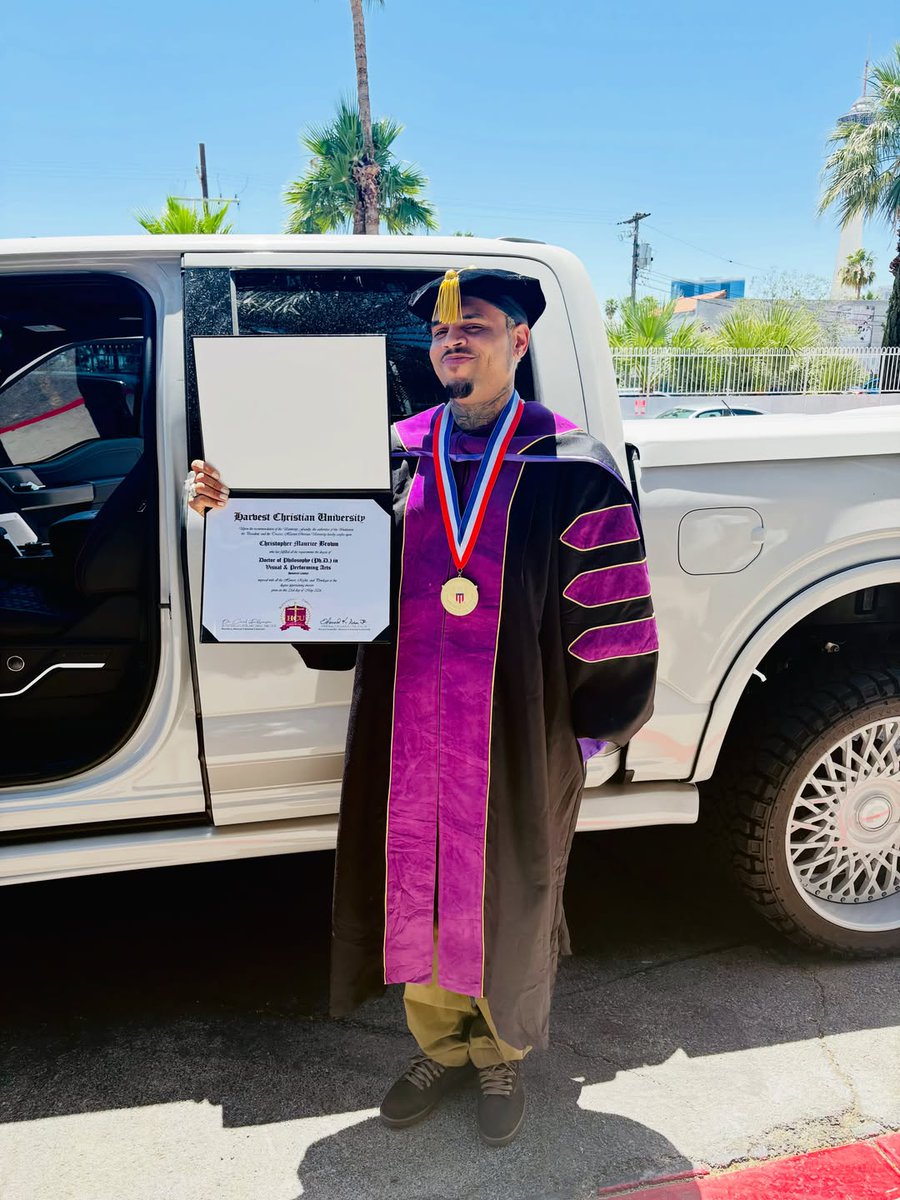 Complex's tweet photo. Chris Brown shares that he has received an honorary Doctor of Philosophy degree in Visual &amp; Performing Arts from Harvest Christian University. 🔥 https://t.co/Lgr7y68Sbp