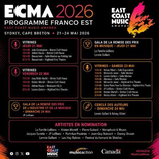 ecmaofficial's tweet photo. RAPPEL – Le programme Franco Est met en vedette plusieurs artistes francophones tout au long de la conférence, grâce à l’appui de Musicaction!

Ne manquez pas le spectacle Plein Feux sur Moncton ce soir à 19 h au Highland Arts Theatre! https://t.co/8y2cTQw0Bp