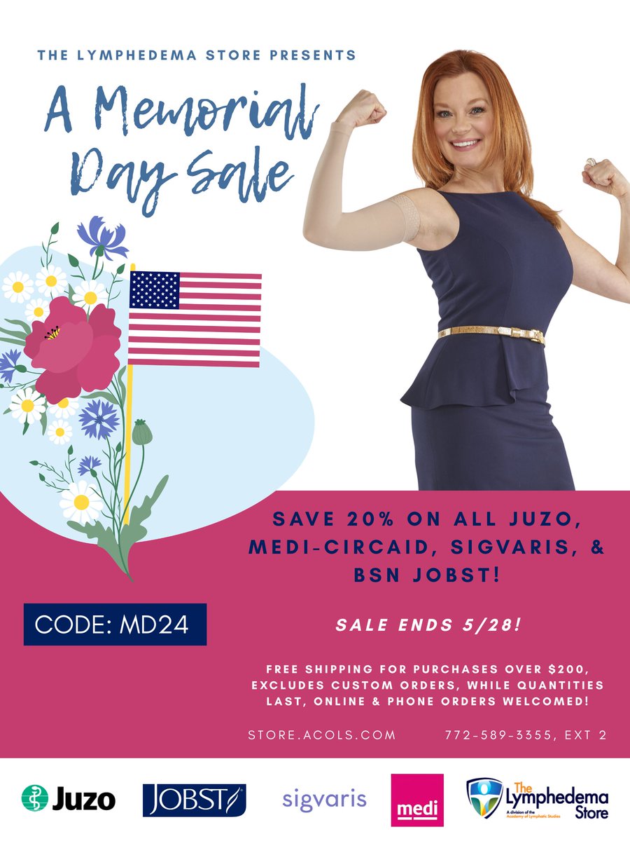 ACOLSFlorida's tweet photo. Memorial Day Sale! 🎖️

Save 20% OFF Juzo, Medi-Circaid, Sigvaris &amp; JOBST with code MD24.

📅 Ends 5/28
📦 Free shipping on orders $200+*

Shop: https://t.co/Yye4XSVb6h

#Lymphedema #CompressionGarments #MemorialDaySale https://t.co/pPqQH11Dqa