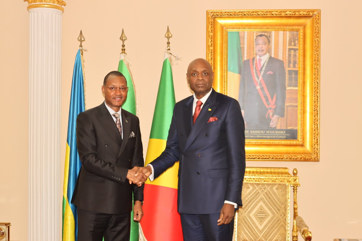 RwandaInCongo's tweet photo. Today, Ambassador @parfaitbus  paid a courtesy visit to H.E. Constant-Serge Bounda ( @serge_bounda ) to convey congratulations on his appointment as Minister of Foreign Affairs, Francophonie, and the Congolese Abroad of the Republic of Congo. Discussions focused on ways to further strengthen bilateral cooperation and relations, as well as matters of common interest
