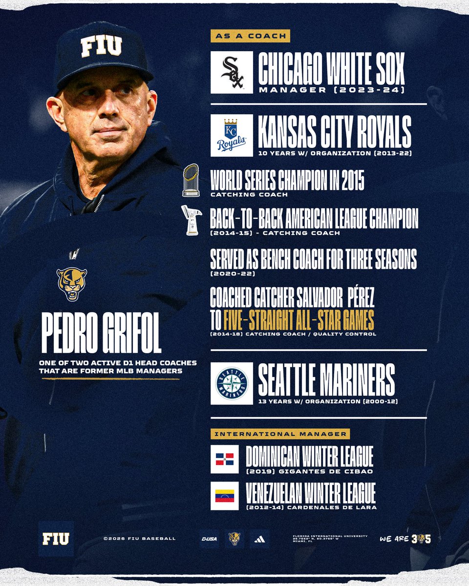 FIUBaseball's tweet photo. A rare resume 💯 

Pedro becomes one of two active D1 @NCAABaseball head coaches that are former MLB managers 👇 https://t.co/SDeyHlSgBI