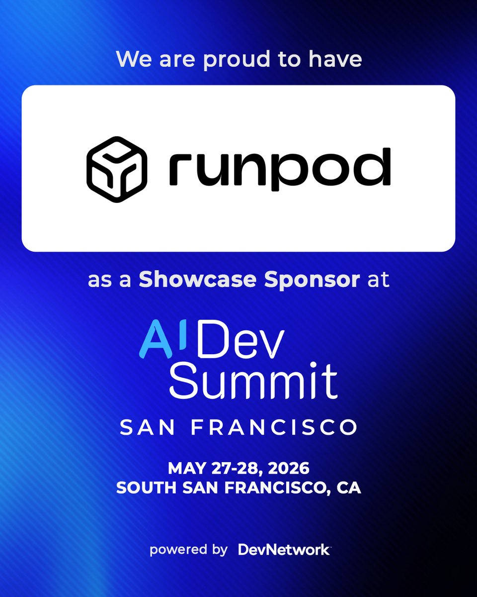 DeveloperWeek's tweet photo. We are thrilled to announce that @runpod is officially joining AI DevSummit San Francisco as a Showcase Sponsor!

Finding reliable compute for AI workloads is a massive bottleneck. Runpod fixes this by offering globally distributed GPUs and CPUs that are actually easy to spin up. Whether you are training LLMs or running inference, they give you the speed and flexibility you need without the infrastructure headaches.

Grab your pass now: https://t.co/U3iTpLy0Hp