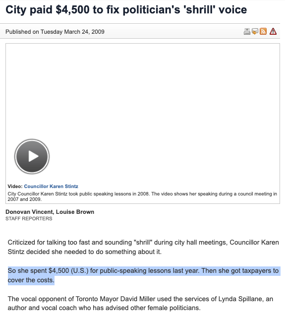 AppleDoomsday's tweet photo. @integrity_to Karen Stintz.  The same goof that blew $4500 of Toronto tax dollars for voice lessons to not sound as 'shrill'.

Those lessons aren't working.  She has that Marit Stiles 'jackhammer' nagging voice. https://t.co/LUqxyE4gjH